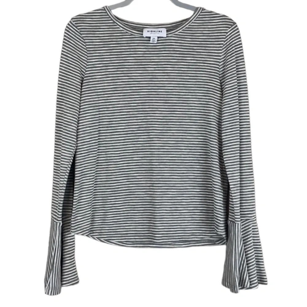 Highline Collective Women’s M Striped Long Bell Sleeve Crewneck Cotton Blend Top